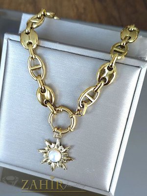   Уникално красив медальон Слънце с перла на великолепна верижка плетка кафе, широка 1 см, 4 дължини, позлатена стомана - K2356